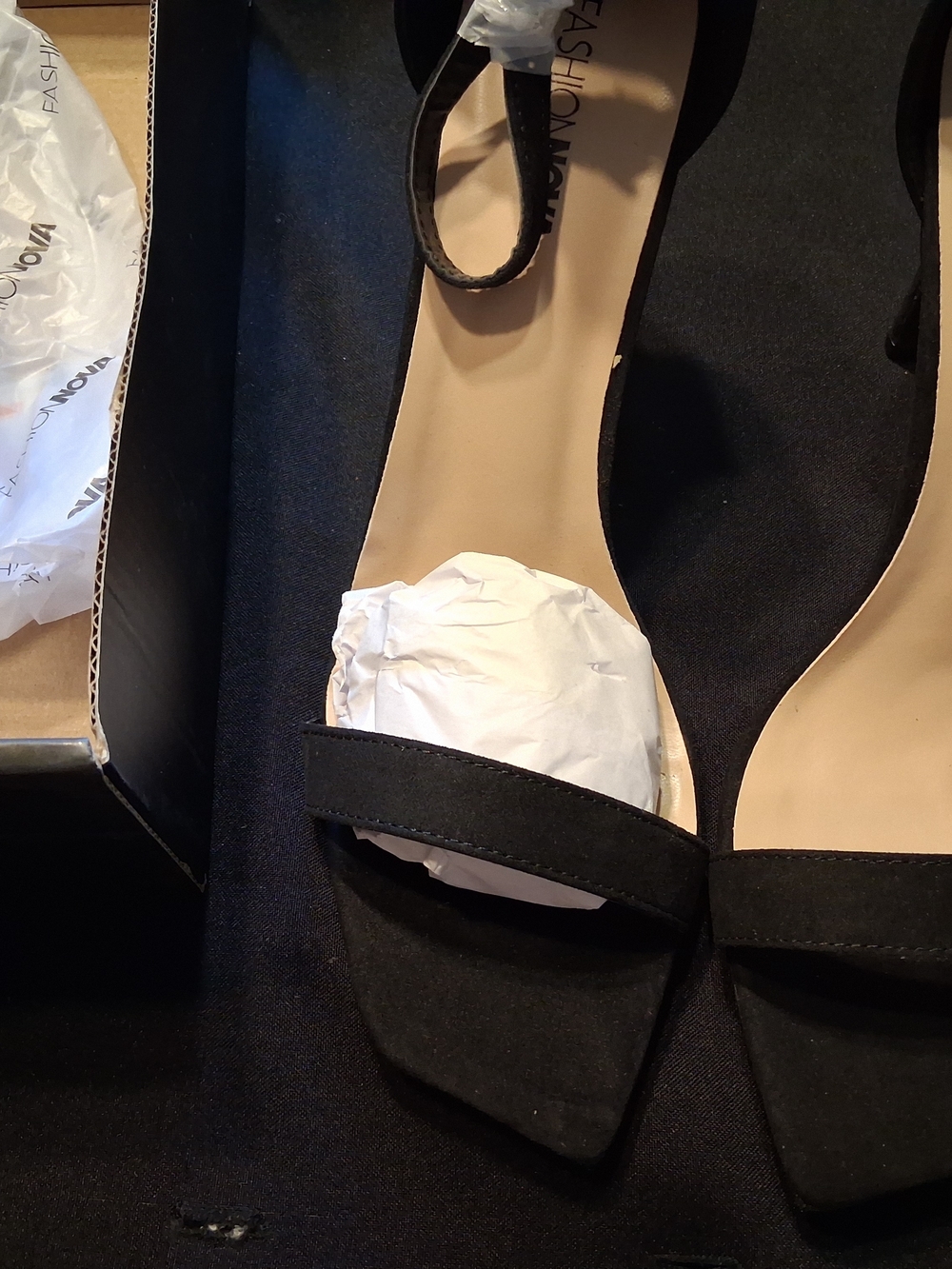 Fashion Nova Black Strappy Heels with Nude Insole